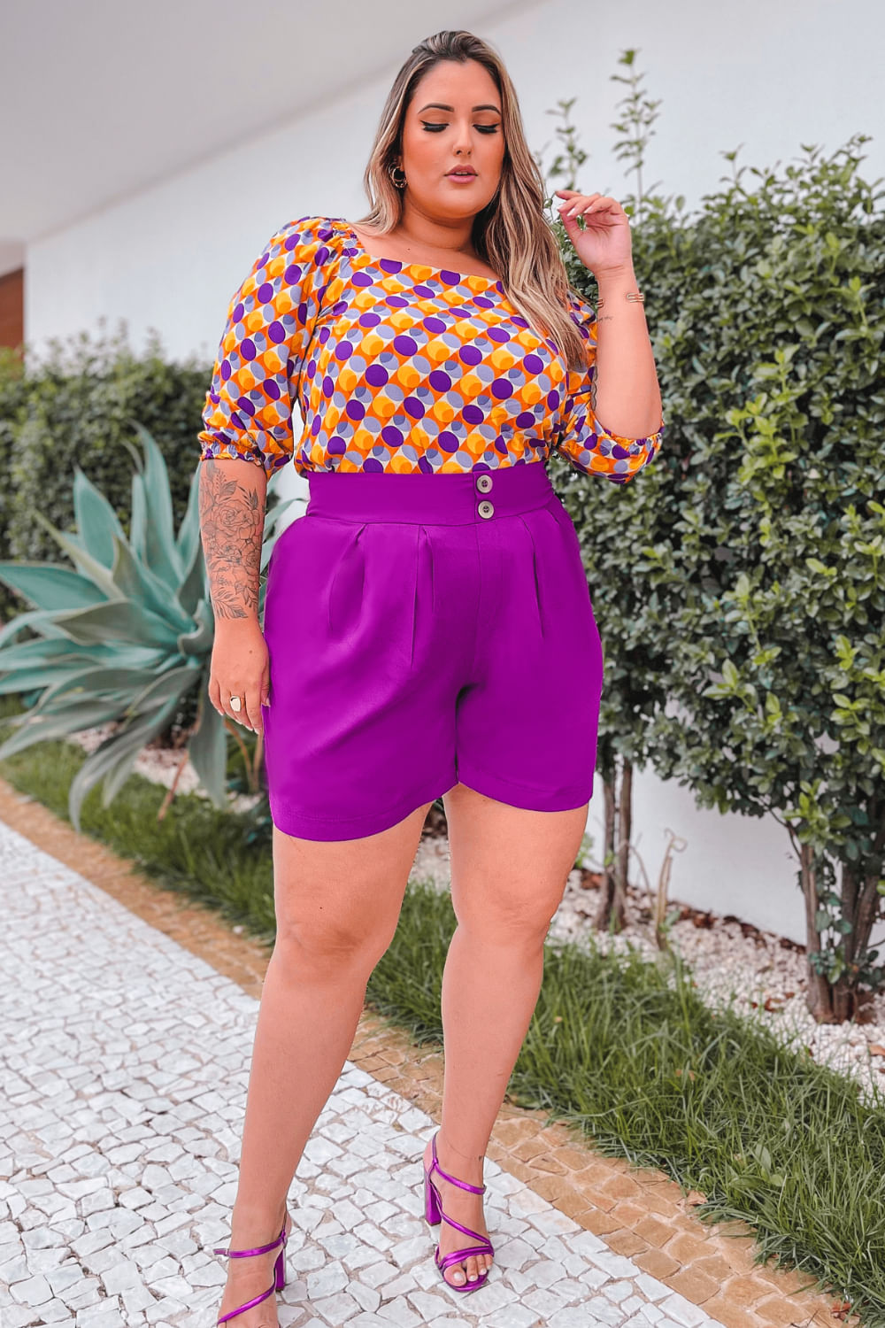 Shorts Viscose Aretha Pregas Roxo Plus Size - Chic e Elegante