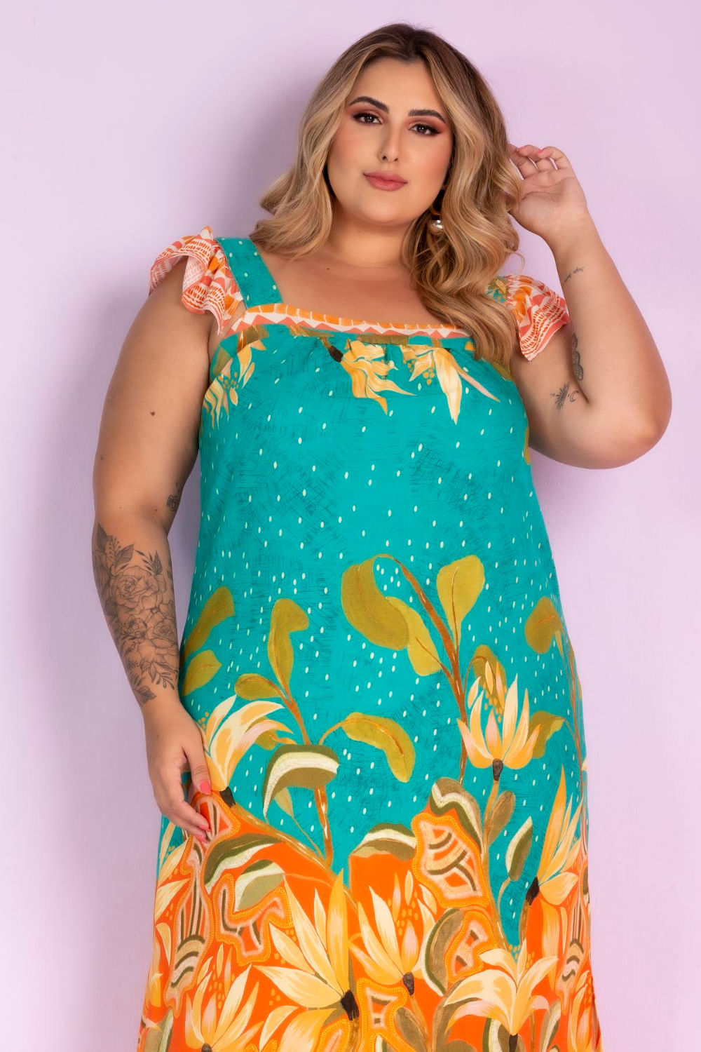 Vestido Midi Andrea Estampa Azul Plus Size - Chic e Elegante