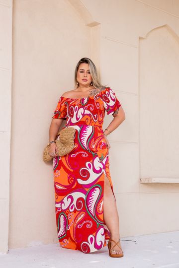 Vestido-Longo-Lastex-Audrey-Plus-Size-ARABESCO-FUNDO-LARANJA Vestido-Longo-Lastex-Audrey-Plus-Size-ARABESCO-FUNDO-LARANJA
